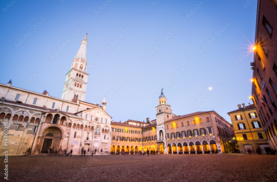 Modena, Emilia Romagna, Italy. Piazza Grande and Duomo Cathedral at sunset.