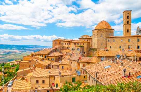 Panoramic view of Volterra - medieval Tuscan town with old houses, towers and churches, Tuscany, Italy.
